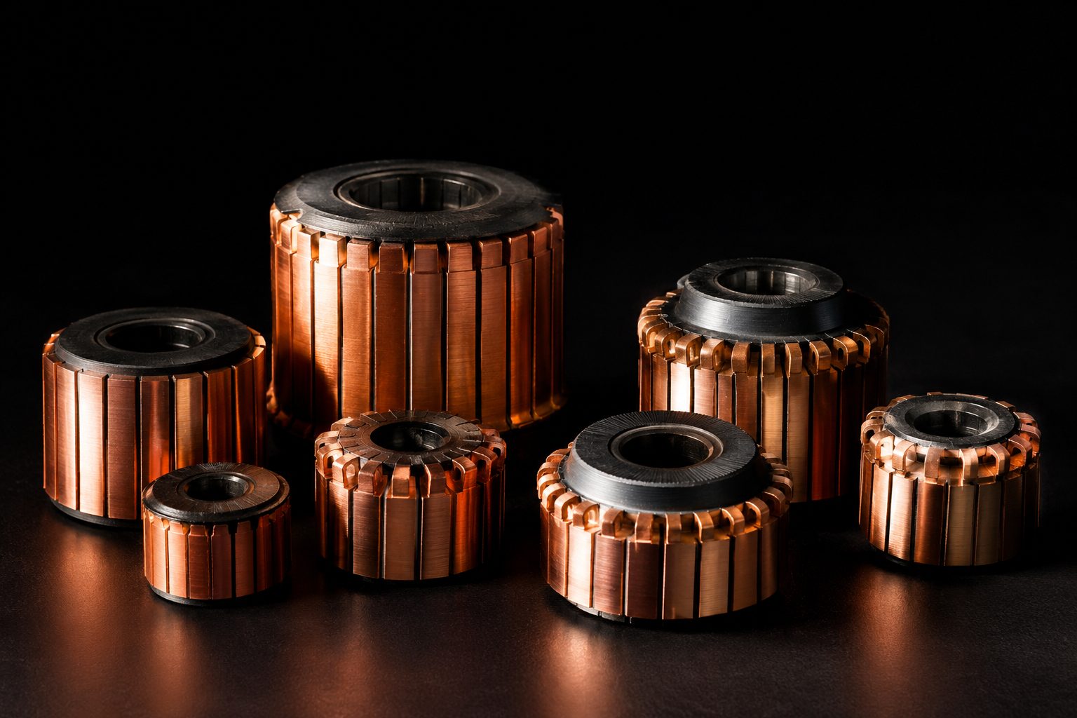 A group of copper commutators of different sizes