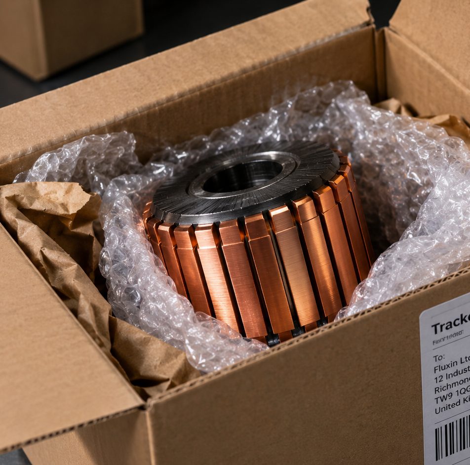 A commutator packed in a cardboard box