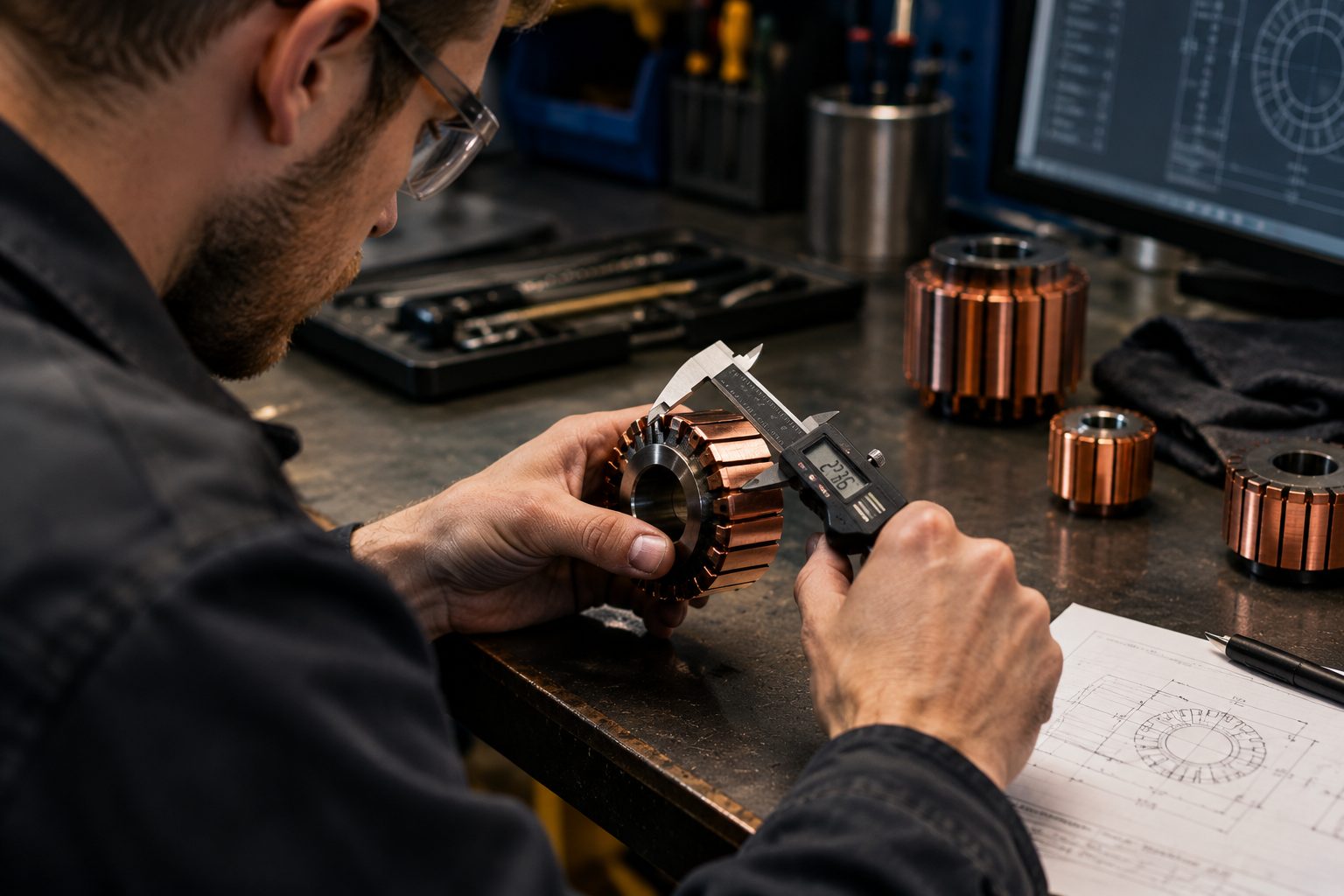 Measuring a commutator with a digital caliper at a workbench